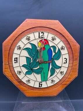 Handcrafted Faux Stained Glass Green Parrot Octagonal Wall Clock Wood Base Works